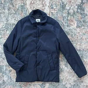 Zara Men Technical Padded Jacket Medium Navy Puffer Insulated Water Repellent - Picture 1 of 7