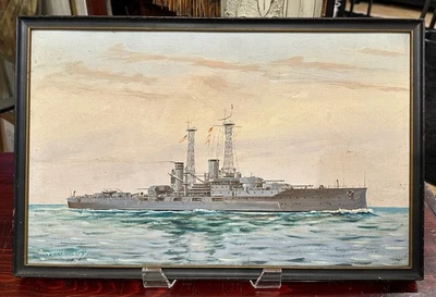 Antigua pintura al óleo de acorazado Oliver Houston USS North Dakota BB-29 Foto 1 de 4