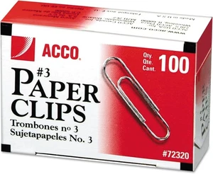 ACCO 72320 Smooth Standard Paper Clip, 3, Silver, 100/Box, 10 0.94 inches - Picture 1 of 2