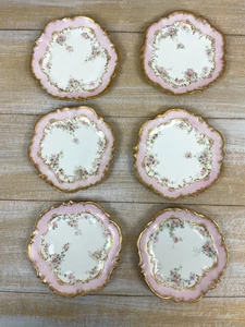 Set aus 6 viktorianischen Tellern A. Lanternier Limoges rosa mit goldbesetztem Rand 6 Zoll - Bild 1 von 14