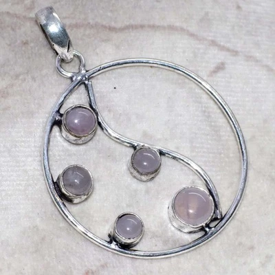 925 Silver Plated Decent Rose Quartz Pendant Gemstone Handmade 2.3" JW - Image 1 of 3