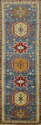 Kazak Handmade Blue 8 ft Runner Rug 3x8 Geometric Oriental Traditional Carpet - Image 1 of 4