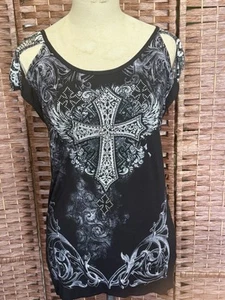 Vintage Y2K VOCAL Affliction Style Bling Cross Grunge Biker Top Shirt S - Picture 1 of 10