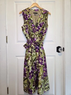 Jessica Howard Midi Dress 14 Green Floral Satin Sleeveless Belted A-Line Garden  - Image 1 of 4
