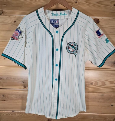 Camiseta deportiva de béisbol vintage de los Marlins de Florida para hombre mediana a rayas LEER Foto 1 de 4