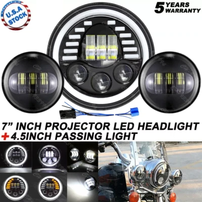 Faro halo LED de 7" + luces antiniebla de 4,5" para Harley-Davidson FLH Electra Glide Foto 1 de 4