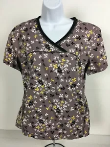 Sketchers Womens Scrub Top Size M Brown w Bows V neck Pockets Short Sleeves - Picture 1 of 17