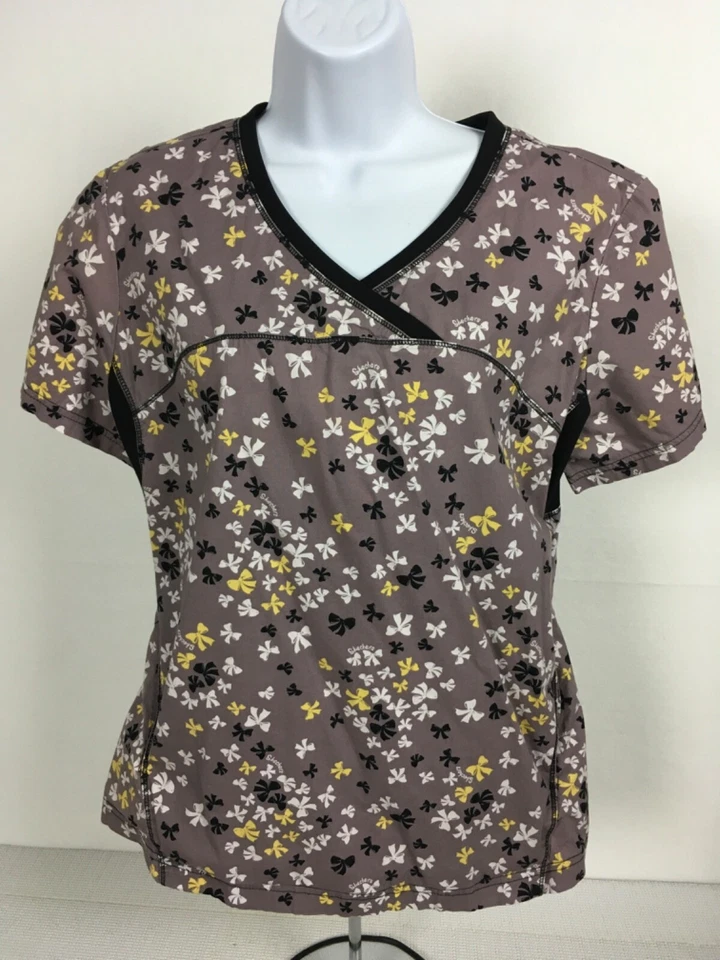 Sketchers Womens Scrub Top Size M Brown w Bows V neck Pockets Short Sleeves - Image 1 of 4