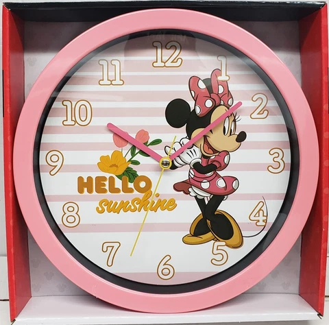 Round Plastic Decor. Wall 10" Clock, DISNEY,MINNIE MOUSE,HELLO SUNSHINE,pink, AW Cover