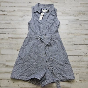 NEW Anthropologie Romper Womens Size 2 Blue White Hickory Railroad Stripe Linen - Picture 1 of 8