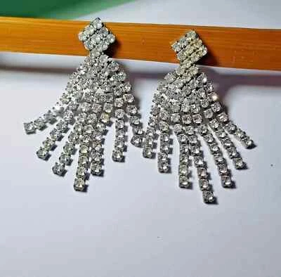 Paio di Orecchini Fancy Strass a Clips - Vintage - Lunghi 6,5 cm - Immagine 1 di 4