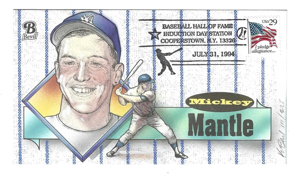 Salón de la Fama del Béisbol Estados Unidos 1994 Mickey Mantle firmado por el artista coloreado a mano Foto 1 de 1