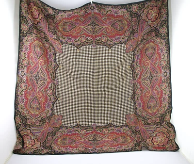 Ralph Lauren Paisley & Houndstooth Check Seda Bufanda Chal Envoltura-Fondo Negro Foto 1 de 4