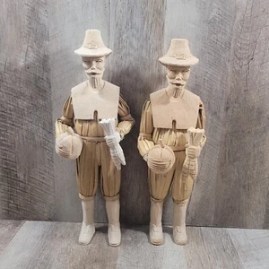 Thanksgiving Pilgrims Set Of 2 Carved Corn Husk Figures 16" & 17" Tall Folk Art - Picture 1 of 7