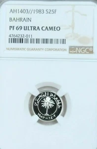 1983 BAHRAIN SILVER 25 FILS S25F NGC PF 69 ULTRA CAMEO TOP POP SCARCE - Picture 1 of 4