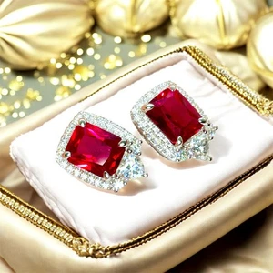 Ruby Moissanite Stud Earrings | 925 Sterling Silver Vintage Style Jewelry - Picture 1 of 12