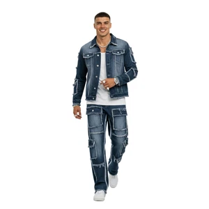 Herren Vintage Distressed Denim Anzug Set Jacke & Hose - Retro Streetwear Outfit - Bild 1 von 12