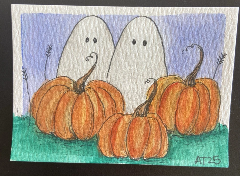 Fall Ghosts with Pumpkins ACEO Original Watercolor and Ink Art Card - Image 1 of 1