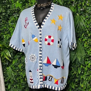 Vintage The Quacker Factory Top Women's 3X Cardigan Sweater Nautical Knit 3008 - Picture 1 of 11