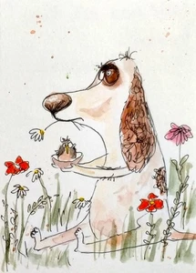 NEW! ACEO Watercolor Painting big dog with a bird Funny Original Art signed - Picture 1 of 5