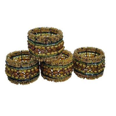 Set 4 Anelli Porta Tovaglioli Perline Oro Verde Marrone Rustico Boho Decorazione Tavola - Immagine 1 di 4