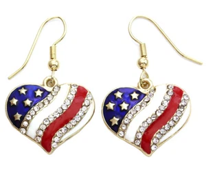 Independence Day 4th of July American USA Flag Heart Dangle Earrings e360gld - Picture 1 of 3