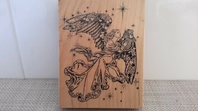 RARO Vintage 1994 PSX K-1332 Ángel de Navidad Montado en Madera Sello de Goma 4" x 3.5" Foto 1 de 4