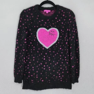 Betsey Johnson Sweater Girls 14 Black Pink Hearts Crew Neck Pullover Youth Kids - Picture 1 of 10