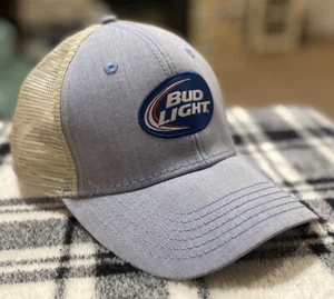 Bud Light Chambray hellblau hellbraun Einheitsgröße Netz verstellbarer Riemen hinten Hut neu - Bild 1 von 8