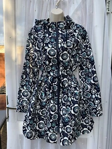 BEAUTIFUL COTTON NAVY FLORAL BRIGHT PARKA MAC / MACK / RAIN COAT & HOOD SZ 8 - Picture 1 of 12