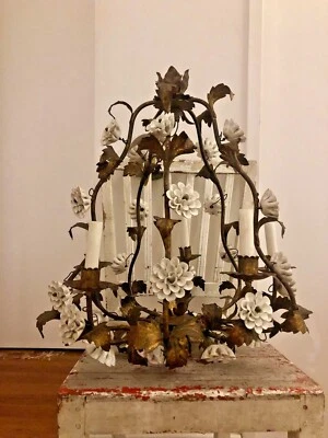 1940s French Tole Chandelier with flowers - Image 1 of 4
