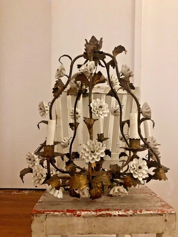 1940s French Tole Chandelier with flowers Cover