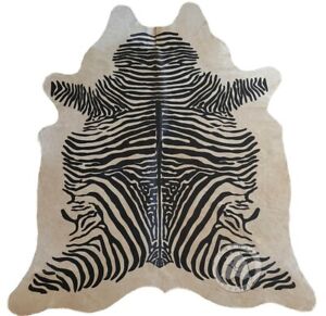 Genuine Cowhide Rug Printed Zebra Spine Black Stripes on Beige  - Size 6x7'