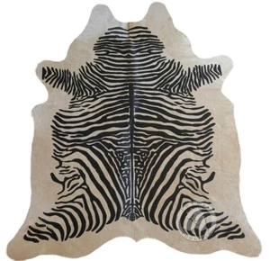 Genuine Cowhide Rug Printed Zebra Spine Black Stripes on Beige  - Size 6x7' - Picture 1 of 5