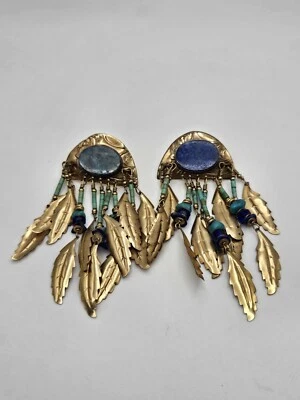 Pendientes Gruesos Pluma Colgante Turquesa Lapislázuli Azul Tono Dorado Tabra De Colección Foto 1 de 4