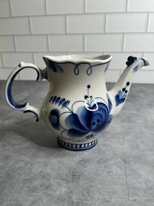 Tetera Gzhel, porcelana azul y blanca, hecha a mano, Rusia, sin tapa, vintage - Imagen 1 de 6