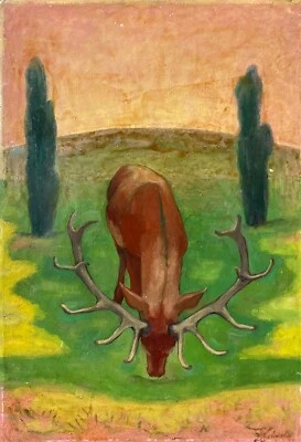 Peinture À L'Huile Impressionniste Friedrich Westphal Paysage Avec Äsendem Cerf - Photo 1/4
