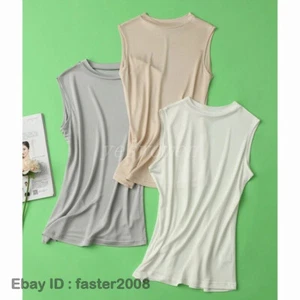 Mujeres Mezcla de Seda Camisola Camiseta sin Mangas Cuello Redondo Stappy Tanks Prendas para el torso Chaleco Blusa - Imagen 1 de 24