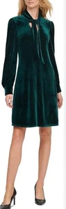 NWT Calvin Klein Green Velvet Tie Neck Puff Sleeve Cocktail Holiday Dress 10 - Picture 1 of 17