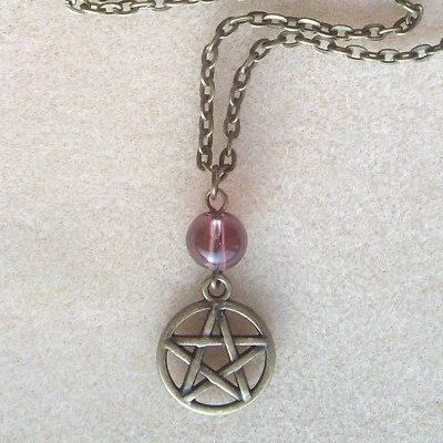 Collar de cadena de 18" con pentagrama de bronce y cuentas de cuarzo púrpura - bruja pagana Wicca Foto 1 de 4