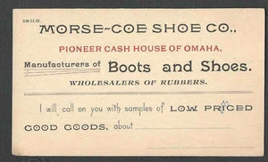 Ca 1891 PC UX9 MINT FACE SALESMANS CALLING CARD FOR MORSE-COE SHOES CO SEE INFO - Bild 1 von 2