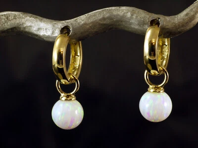 333 Gold kleine Creolen mit Opal Kugel Einhänger 6 mm  17 mm Länge 1 Paar  - Bild 1 von 3