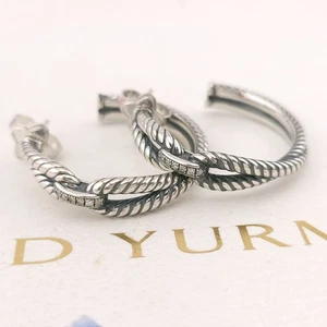 Orecchini a cerchio grandi David Yurman argento sterling cavo incrociato diamante anello - Foto 1 di 8