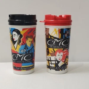 2 VINTAGE Club Monte Carlo Thick Plastic Travel Coffee Mug Red & Black Lot - Picture 1 of 12
