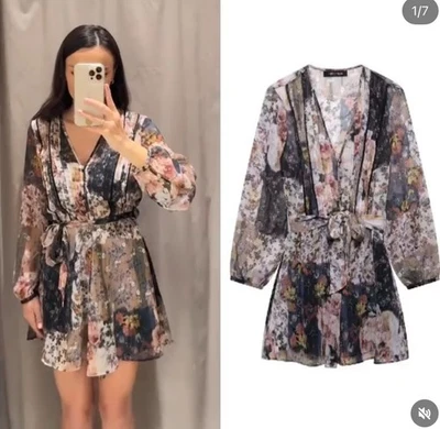 ZARA NEW SS25 PRINTED BELTED MINI DRESS V NECK 2469/117_S-L - Image 1 of 4