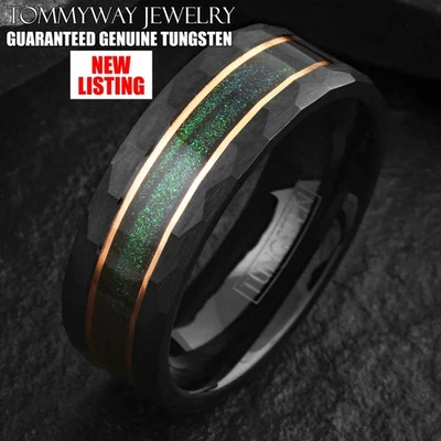 Black Brushed Tungsten Carbide Green Sand Rose Gold Plated Stripe Band Ring - Image 1 of 4