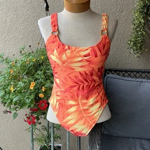 Vintage Neon Tropical Badeanzug 90er hellorange Palmen hoch geschnitten gekreuzter Rücken 1-teilig 12 - Bild 1 von 6