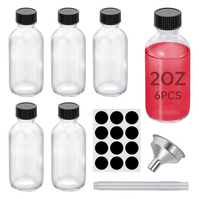 6PCS 2OZ Small Glass with Lids and Funnels, 60ml Boston Round Glass Bottles, ... - Image 1 of 4