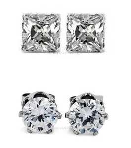 1 PAIR CZ CLEAR SQUARE/ROUND MAGNETIC Clip-On EARRINGS STUDS Men Women - Picture 1 of 8