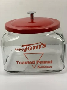Tom's Counter Jar Red Print with Lid Country Store Display Cookie Jar Kitchen - Picture 1 of 7